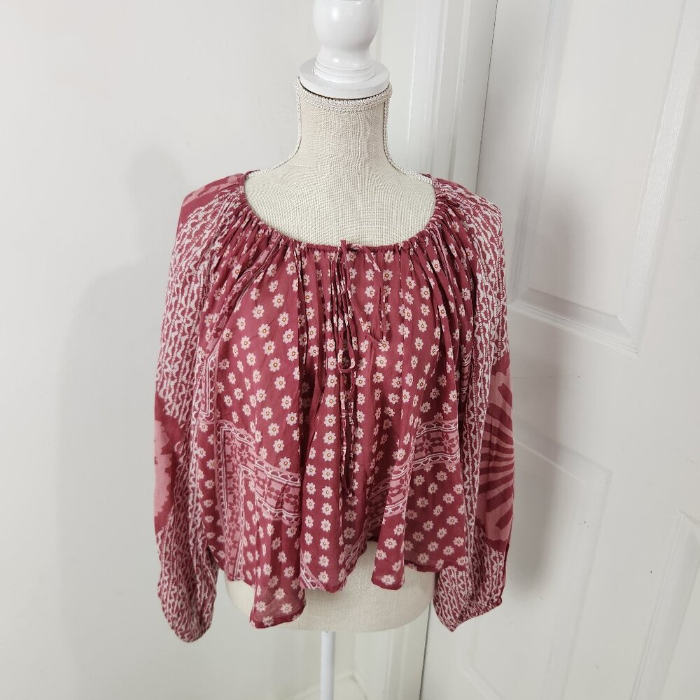 Free People Top Womens XS Red Clay Elena Printed Cowgirl Peasant Loose Fit Boho